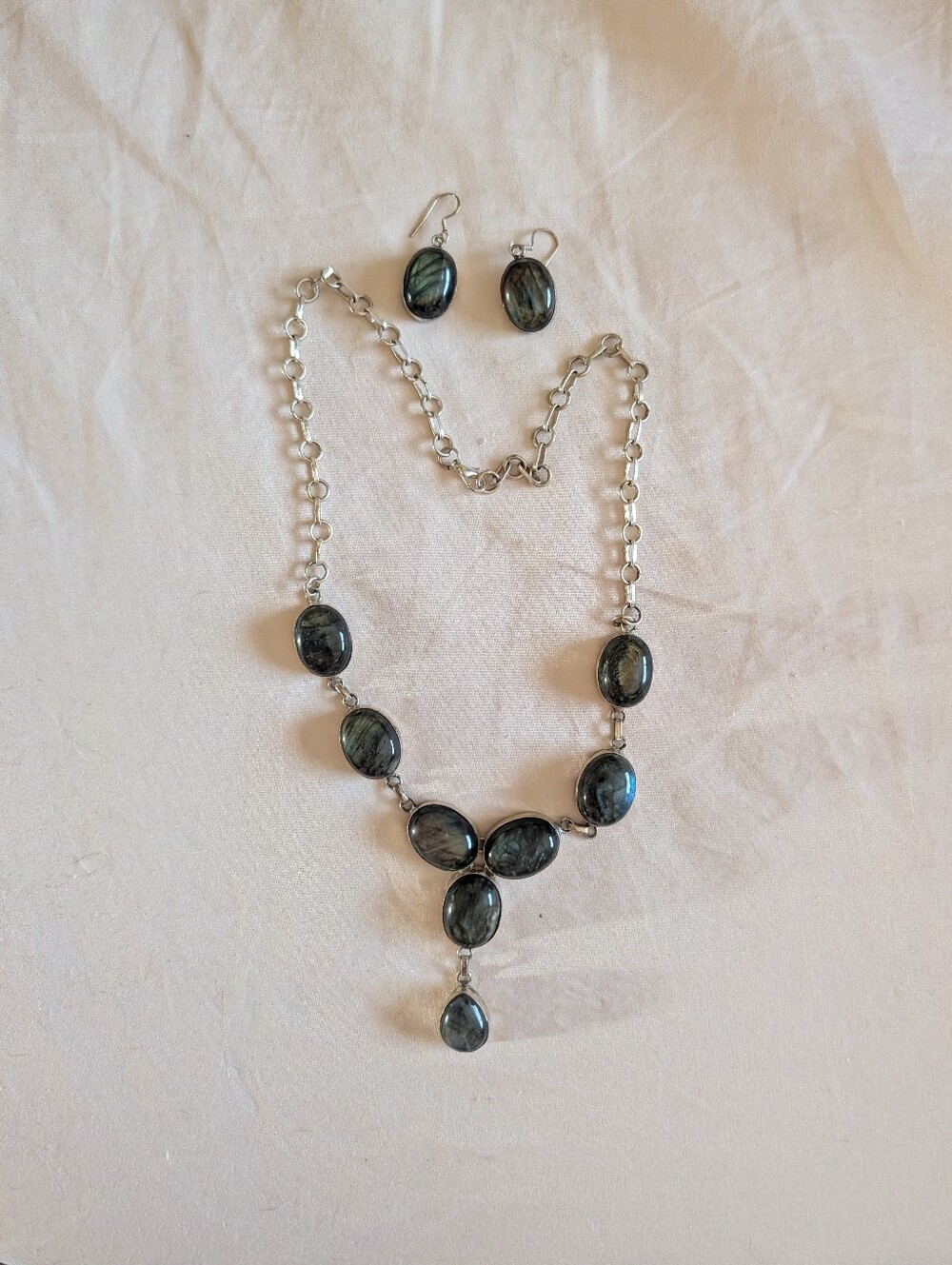 925 Sterling Silver Labradorite Y-Drop Necklace & Earrings Set Blue Gold Flash